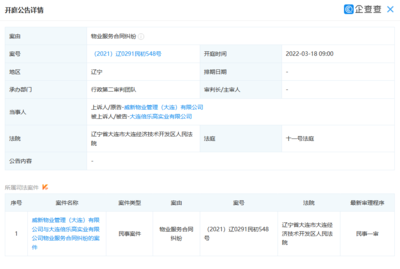 大連威新物業管理新增開庭公告 案由系物業服務合同糾紛